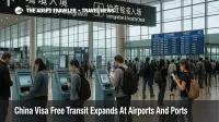 Travelers at Beijing Capital Airport use kiosks and phones for China visa free transit and digital arrival card checks near immigration lanes
