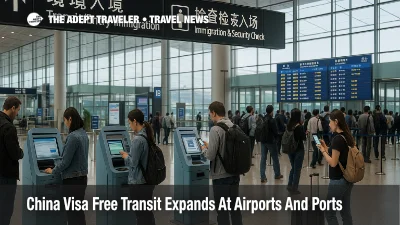 Travelers at Beijing Capital Airport use kiosks and phones for China visa free transit and digital arrival card checks near immigration lanes