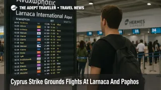 Traveler viewing a busy departures board inside Larnaca International Airport during a Cyprus strike that disrupts midday flights