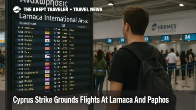 Traveler viewing a busy departures board inside Larnaca International Airport during a Cyprus strike that disrupts midday flights