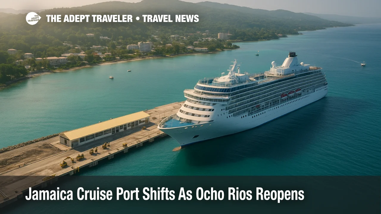 A cruise ship at the rebuilt Ocho Rios pier in Jamaica, showing Jamaica cruise port changes Ocho Rios and visible post storm repairs