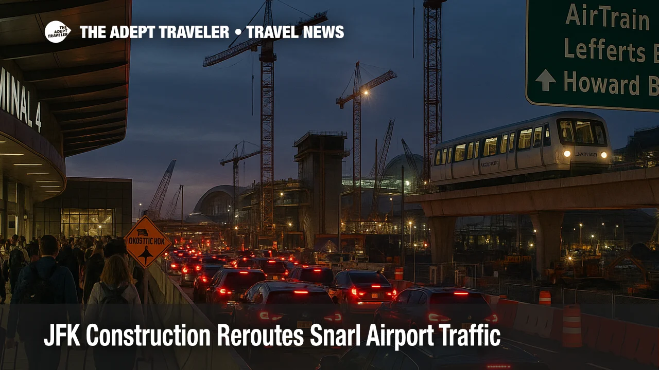 View of JFK Airport arrivals traffic slowed by roadway construction, with AirTrain and terminal signs visible during the ongoing $ 19 billion redevelopment.
