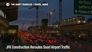 View of JFK Airport arrivals traffic slowed by roadway construction, with AirTrain and terminal signs visible during the ongoing $ 19 billion redevelopment.