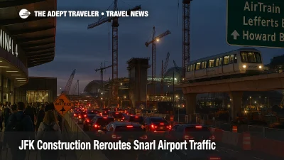 View of JFK Airport arrivals traffic slowed by roadway construction, with AirTrain and terminal signs visible during the ongoing $ 19 billion redevelopment.