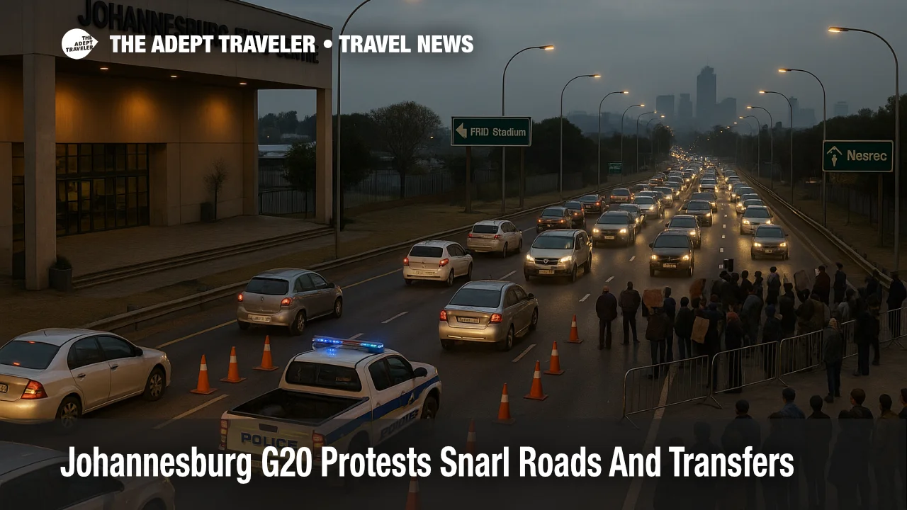 Traffic and police checkpoints near Nasrec illustrate Johannesburg G20 road closures disrupting routes and airport transfers