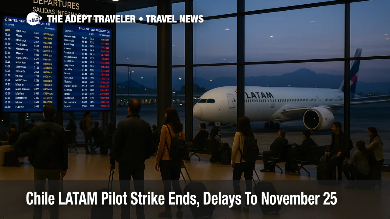 Passengers watch departure boards in Santiago as LATAM Chile pilot strike cancellations disrupt flights but operations normalize from November 25