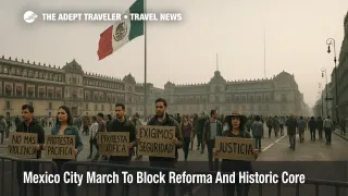 Small protest crowd with placards and police barriers in Mexico City's Zocalo during a November 20 march that disrupts Reforma and the historic center