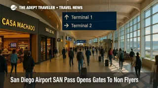 Travelers walk through San Diego International Airport Terminal 1 concourse after security, passing shops and gates highlighted in a story about the SAN Pass program.