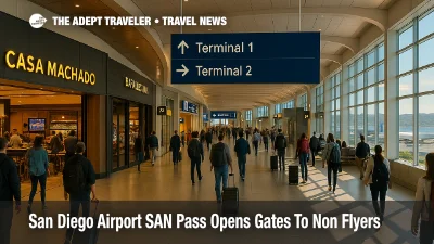 Travelers walk through San Diego International Airport Terminal 1 concourse after security, passing shops and gates highlighted in a story about the SAN Pass program.