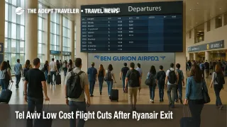 Travelers watch a departures board in Ben Gurion Airport as Tel Aviv Ryanair flights disappear and low cost options shrink for Winter 2025-2026