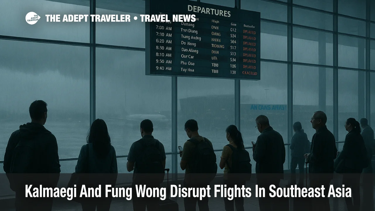 Typhoon Kalmaegi Vietnam flights delayed as travelers watch the departures board at Da Nang Airport during stormy weather