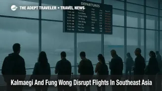 Typhoon Kalmaegi Vietnam flights delayed as travelers watch the departures board at Da Nang Airport during stormy weather