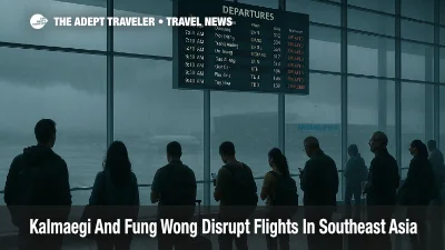 Typhoon Kalmaegi Vietnam flights delayed as travelers watch the departures board at Da Nang Airport during stormy weather