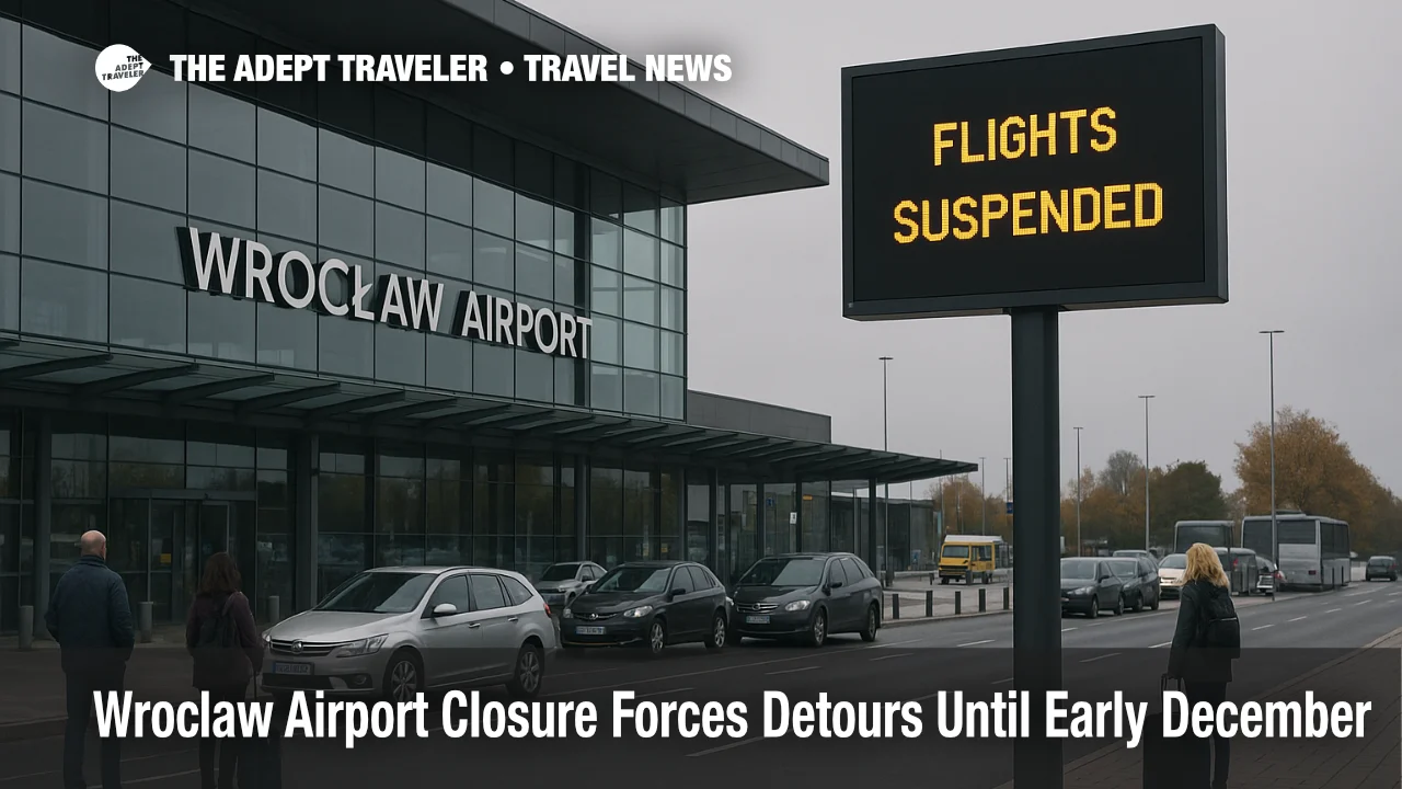 Travelers wait outside Wroclaw Nicolaus Copernicus Airport during the Wroclaw airport closure 2025 as flights stop and ground transfers replace direct service.