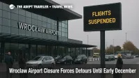 Travelers wait outside Wroclaw Nicolaus Copernicus Airport during the Wroclaw airport closure 2025 as flights stop and ground transfers replace direct service.