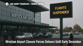 Travelers wait outside Wroclaw Nicolaus Copernicus Airport during the Wroclaw airport closure 2025 as flights stop and ground transfers replace direct service.