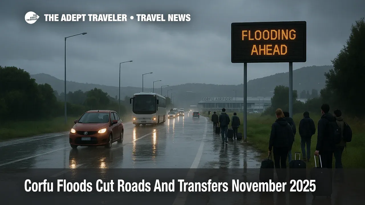 Vehicles and travelers move slowly along a rain soaked access road near Corfu airport as Corfu floods road closures delay ground transfers across the island