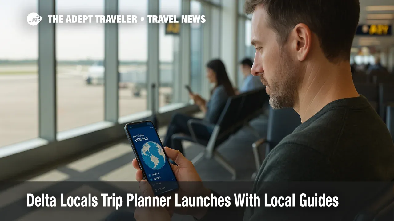 Traveler uses the Delta Locals trip planner on a phone in an Atlanta airport concourse while preparing a future city break itinerary