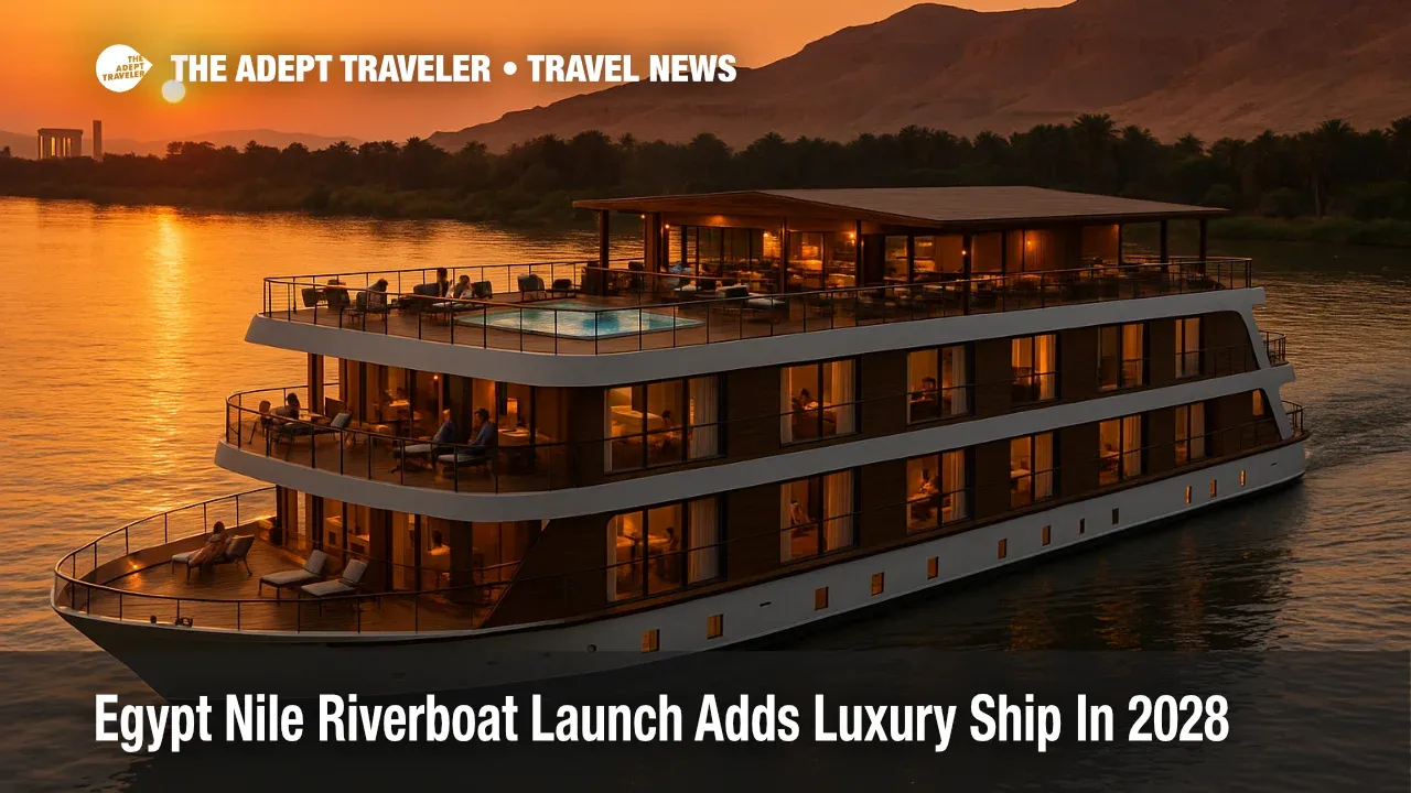 Luxury Egypt Nile riverboat 2028 rendering shows an Abercrombie & Kent style sister ship cruising near Luxor with open deck pool and balcony suites