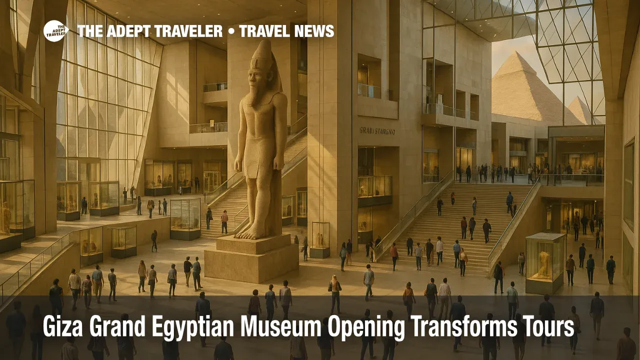 Visitors move through the Grand Egyptian Museum opening in Giza, exploring new galleries near the pyramids as part of updated Cairo museum tours