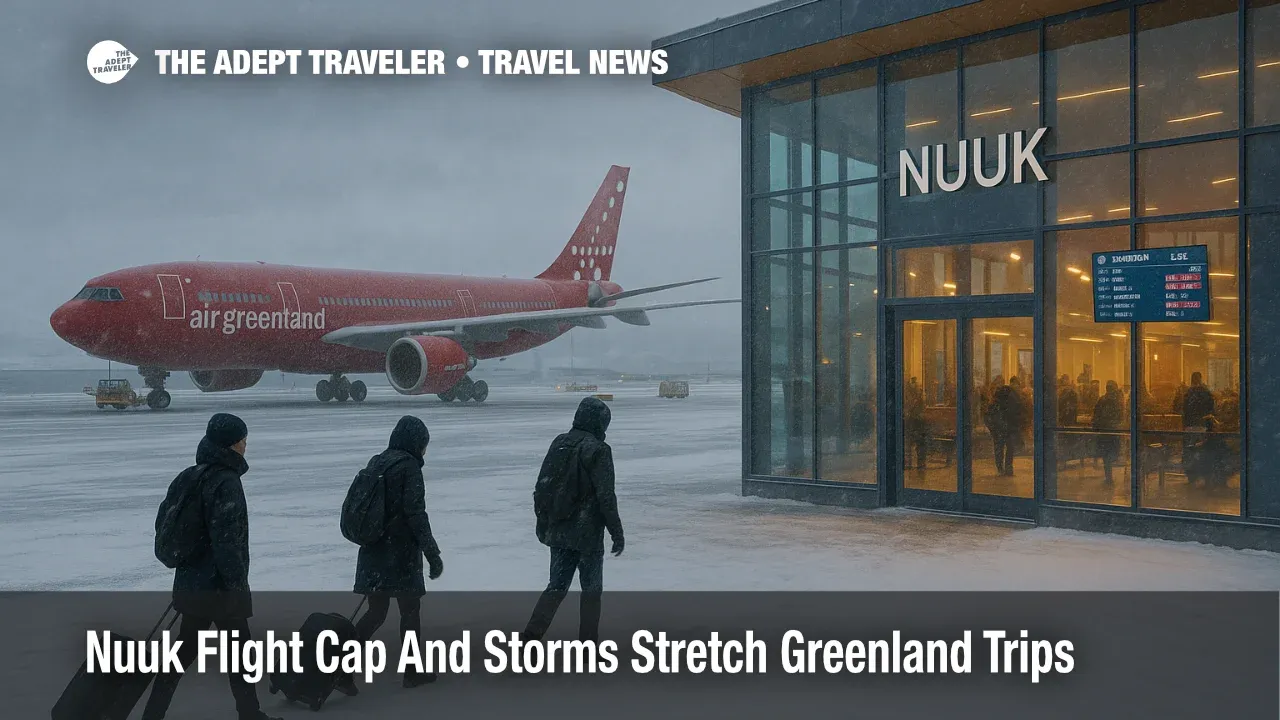 Stormy conditions at Nuuk Airport as the flight cap and Davis Strait winds delay departures and stretch Greenland itineraries