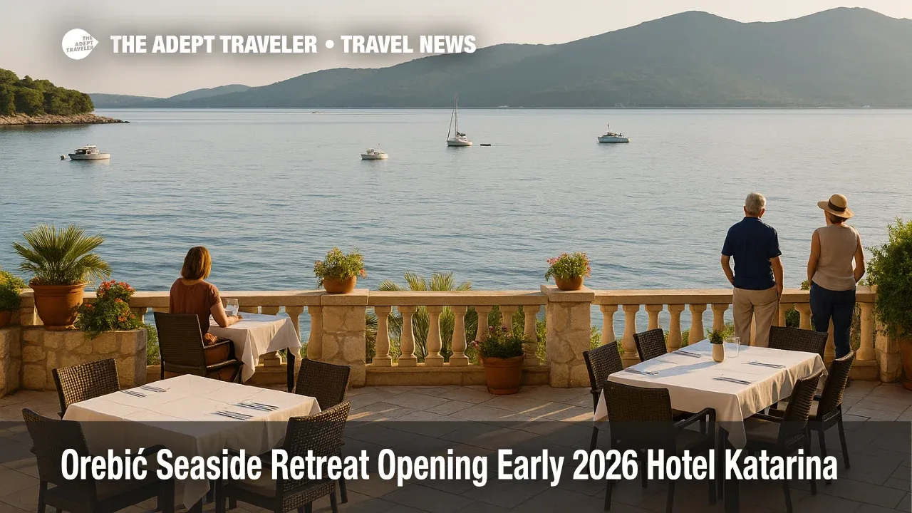 Terrace at new Orebić hotel opening 2026, Hotel Katarina, with sea views over the Adriatic and a few small boats nearby