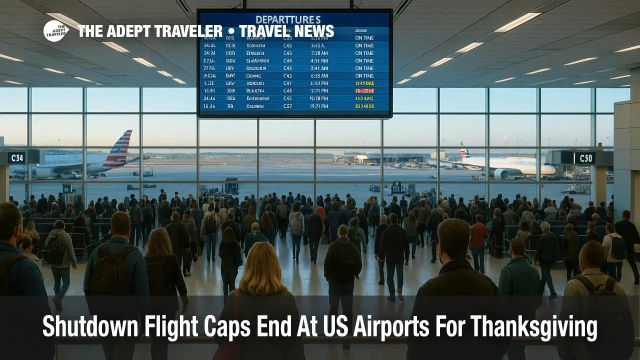 Travelers watch a departures board at Atlanta as shutdown flight caps end at US airports and restored schedules ease Thanksgiving congestion