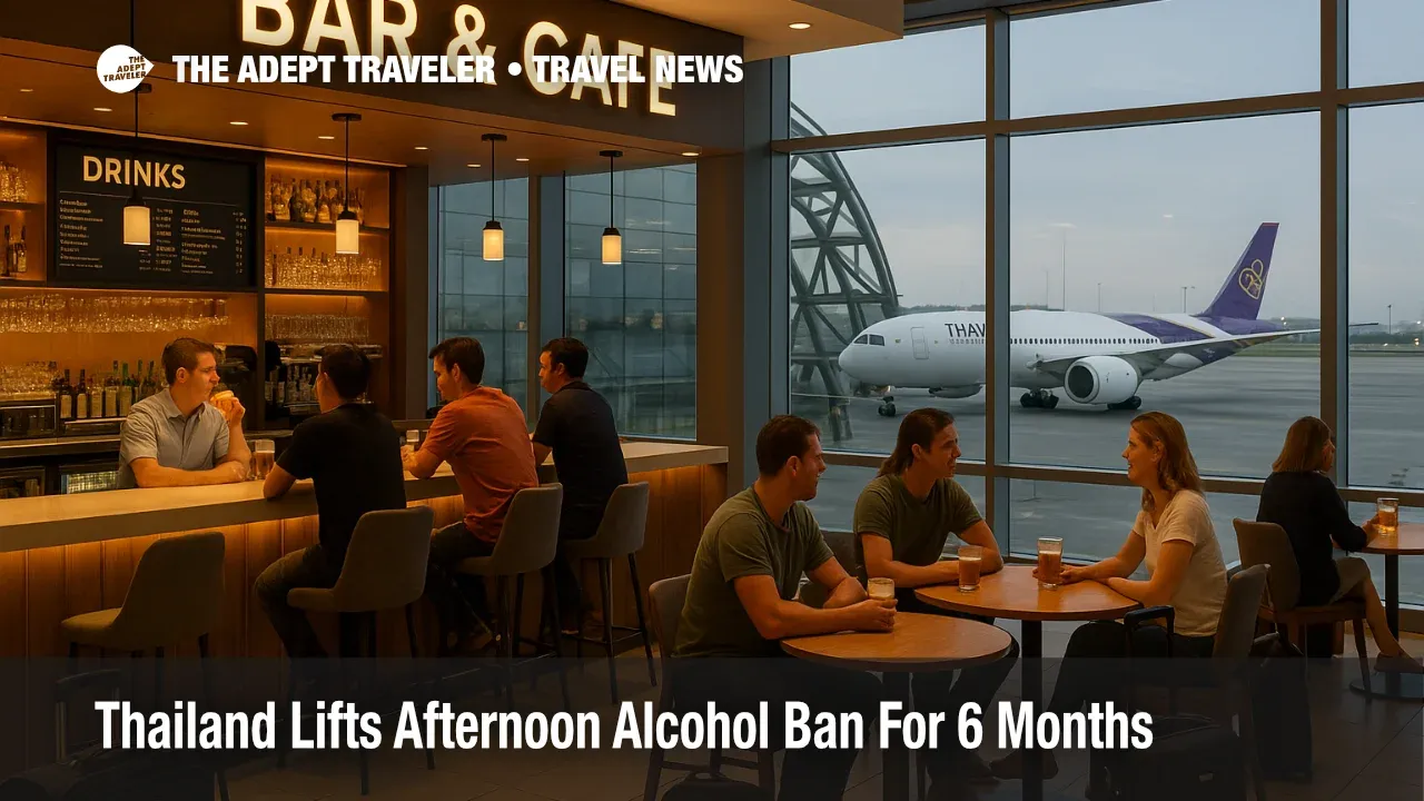 Travelers at a bar inside Bangkok airport as Thailand afternoon alcohol sales ban lifts for a six month trial allowing drinks from late morning through midnight.