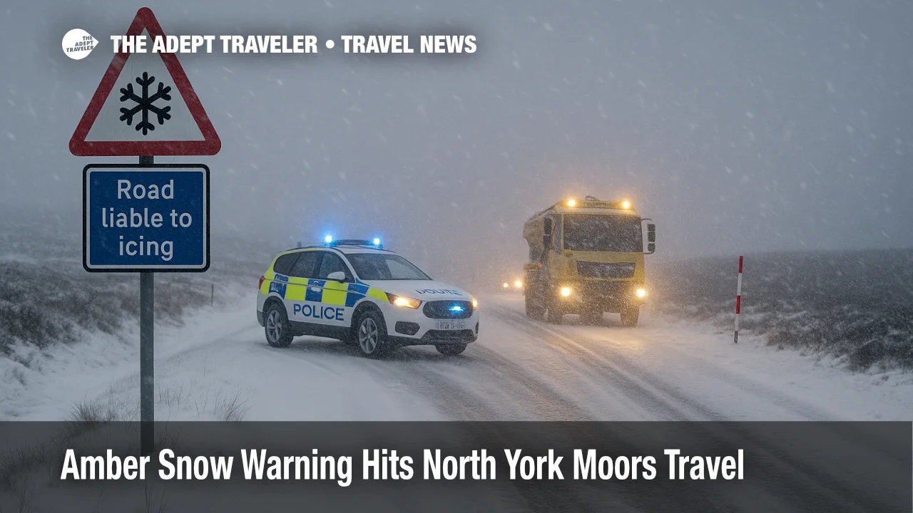 Amber snow warning North York Moors travel scene with A171 blocked by drifting snow, police vehicle, and gritter truck as drivers face severe winter disruption.