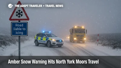 Amber snow warning North York Moors travel scene with A171 blocked by drifting snow, police vehicle, and gritter truck as drivers face severe winter disruption.