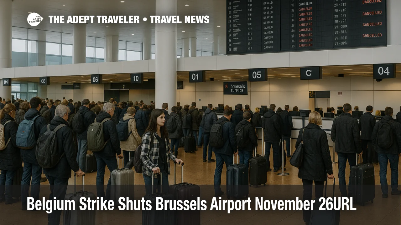 ALT text: Passengers queue at Brussels Airport as a November 26 strike cancels departures and disrupts travel plans across Belgium.