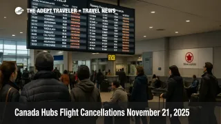 Travelers watch departures board at Toronto Pearson during Canada hubs flight cancellations as some flights show cancelled and others delayed in the concourse