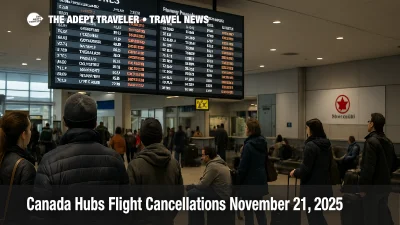 Travelers watch departures board at Toronto Pearson during Canada hubs flight cancellations as some flights show cancelled and others delayed in the concourse
