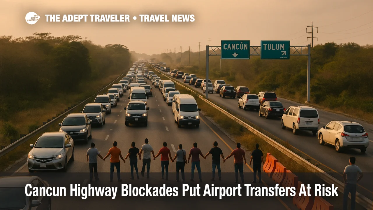 Backed up traffic on Highway 307 near Playa del Carmen during Cancun highway blockades that disrupt airport transfers.