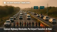 Backed up traffic on Highway 307 near Playa del Carmen during Cancun highway blockades that disrupt airport transfers.