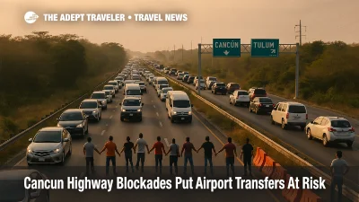 Backed up traffic on Highway 307 near Playa del Carmen during Cancun highway blockades that disrupt airport transfers.