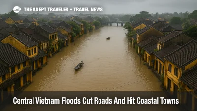 ALT text: Aerial view of central Vietnam floods travel disruption in Hoi An, with boats replacing vehicles on submerged streets between historic riverside buildings.