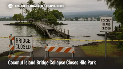 View of Coconut Island bridge collapse in Hilo, barriers blocking the only walkway to Mokuola park over Hilo Bay