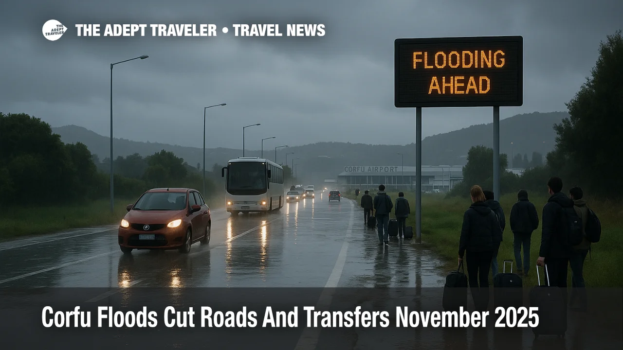 Vehicles and travelers move slowly along a rain soaked access road near Corfu airport as Corfu floods road closures delay ground transfers across the island