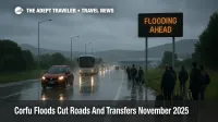 Vehicles and travelers move slowly along a rain soaked access road near Corfu airport as Corfu floods road closures delay ground transfers across the island