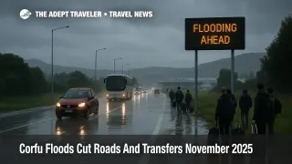 Vehicles and travelers move slowly along a rain soaked access road near Corfu airport as Corfu floods road closures delay ground transfers across the island