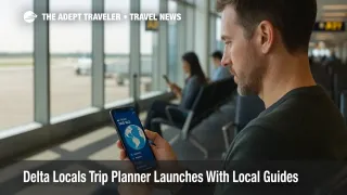 Traveler uses the Delta Locals trip planner on a phone in an Atlanta airport concourse while preparing a future city break itinerary