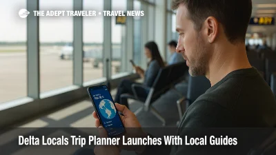 Traveler uses the Delta Locals trip planner on a phone in an Atlanta airport concourse while preparing a future city break itinerary