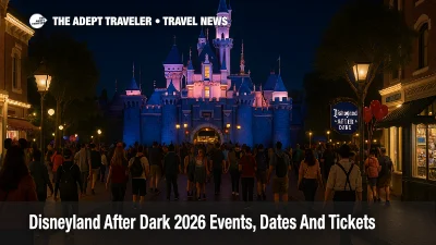 Guests explore Disneyland Park at a Disneyland After Dark 2026 event as Sleeping Beauty Castle glows above the party