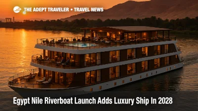 Luxury Egypt Nile riverboat 2028 rendering shows an Abercrombie & Kent style sister ship cruising near Luxor with open deck pool and balcony suites