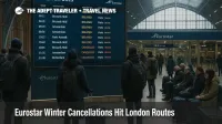 Travelers watch departures board at London St Pancras as Eurostar winter cancellations thin key London routes to Paris, Brussels, and Amsterdam