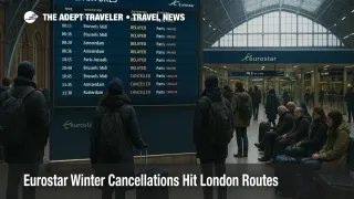 Travelers watch departures board at London St Pancras as Eurostar winter cancellations thin key London routes to Paris, Brussels, and Amsterdam