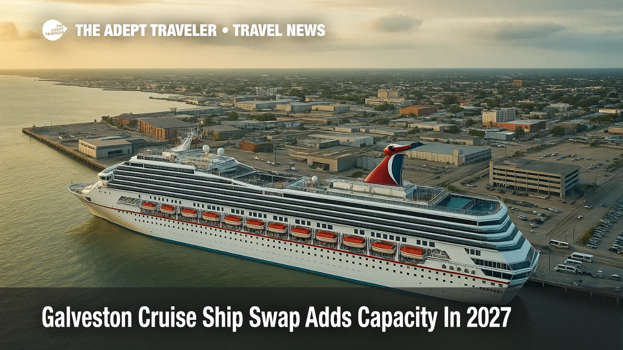 Aerial view of a larger cruise ship docked at the Port of Galveston after the Galveston cruise ship swap 2027 increases capacity for Western Caribbean sailings.