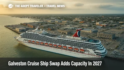 Aerial view of a larger cruise ship docked at the Port of Galveston after the Galveston cruise ship swap 2027 increases capacity for Western Caribbean sailings.