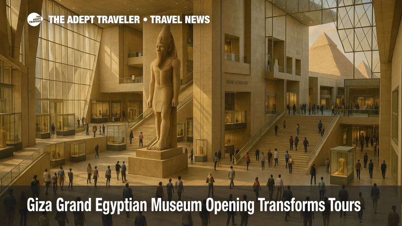 Visitors move through the Grand Egyptian Museum opening in Giza, exploring new galleries near the pyramids as part of updated Cairo museum tours